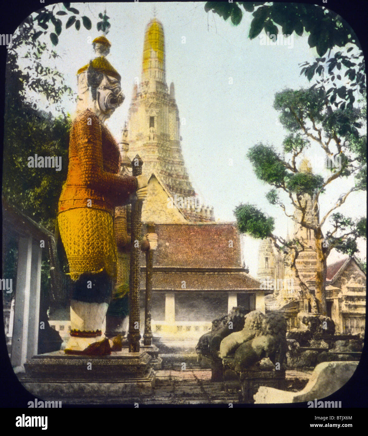 Thailand, palace court interior, Bangkok, hand colored lantern slide, photograph by William Henry Jackson, 1895. Stock Photo