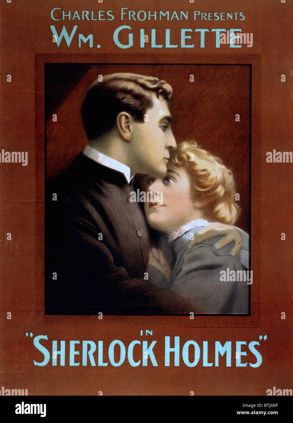 Poster for William Gillette (1853-1937), American playwright and actor portrayed Sherlock Holmes in plays he created from the stories of Sir Arthur Conan Doyle. Ca. 1900. Stock Photo
