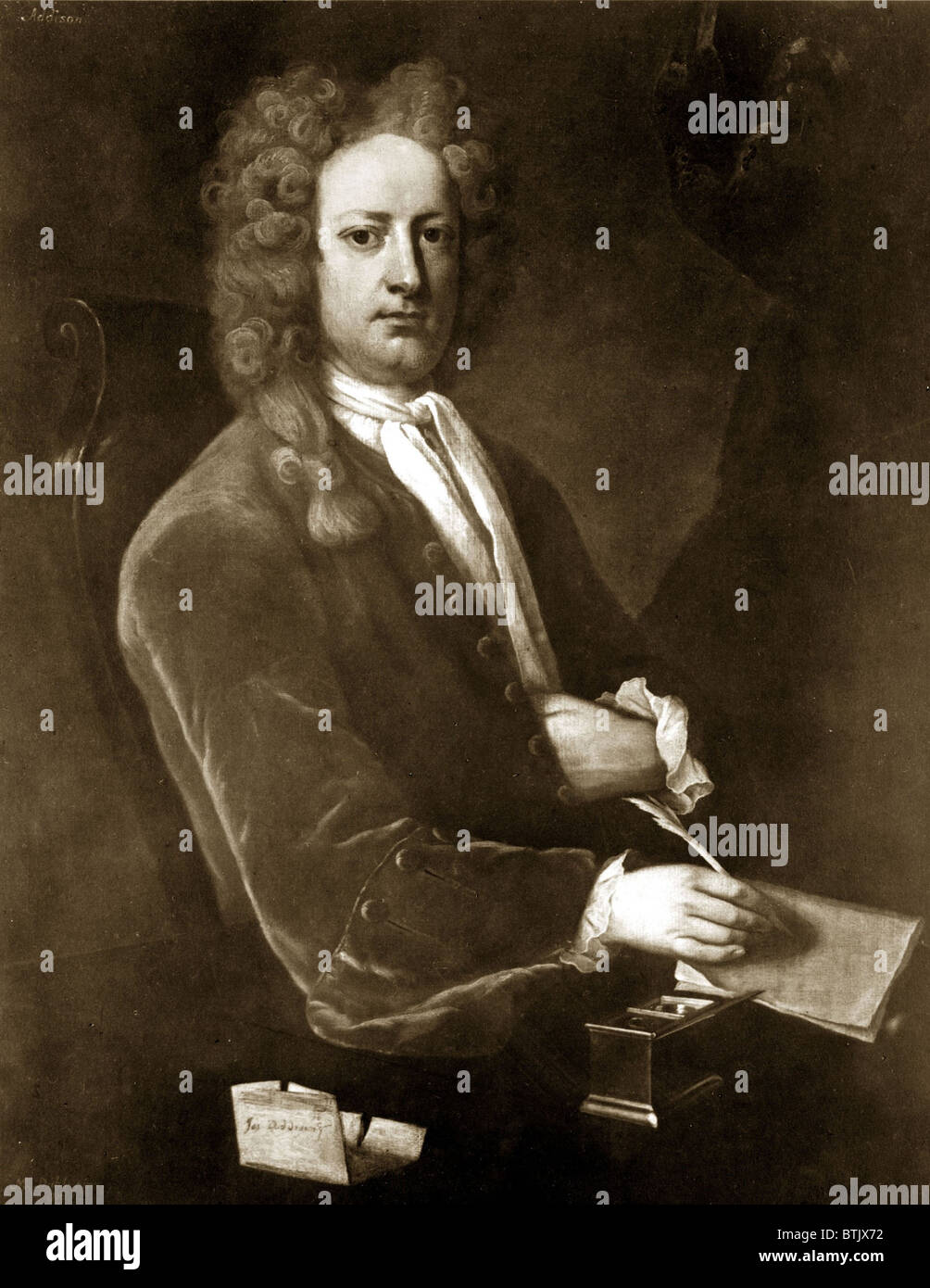 Joseph Addison (1672-1719), intertwined his political and literary careers, accepting commissions to create poetry celebrating royalty and British history, and holding a seat in the House of Commons. Stock Photo