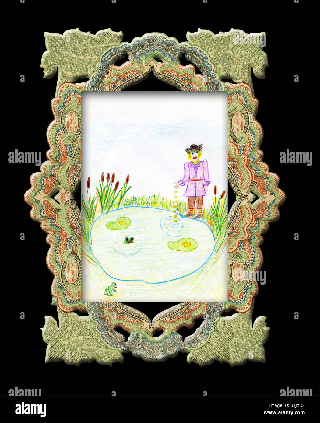 Child's drawing illustrate tale brothers Grimm, in an elegant frame. Stock Photo