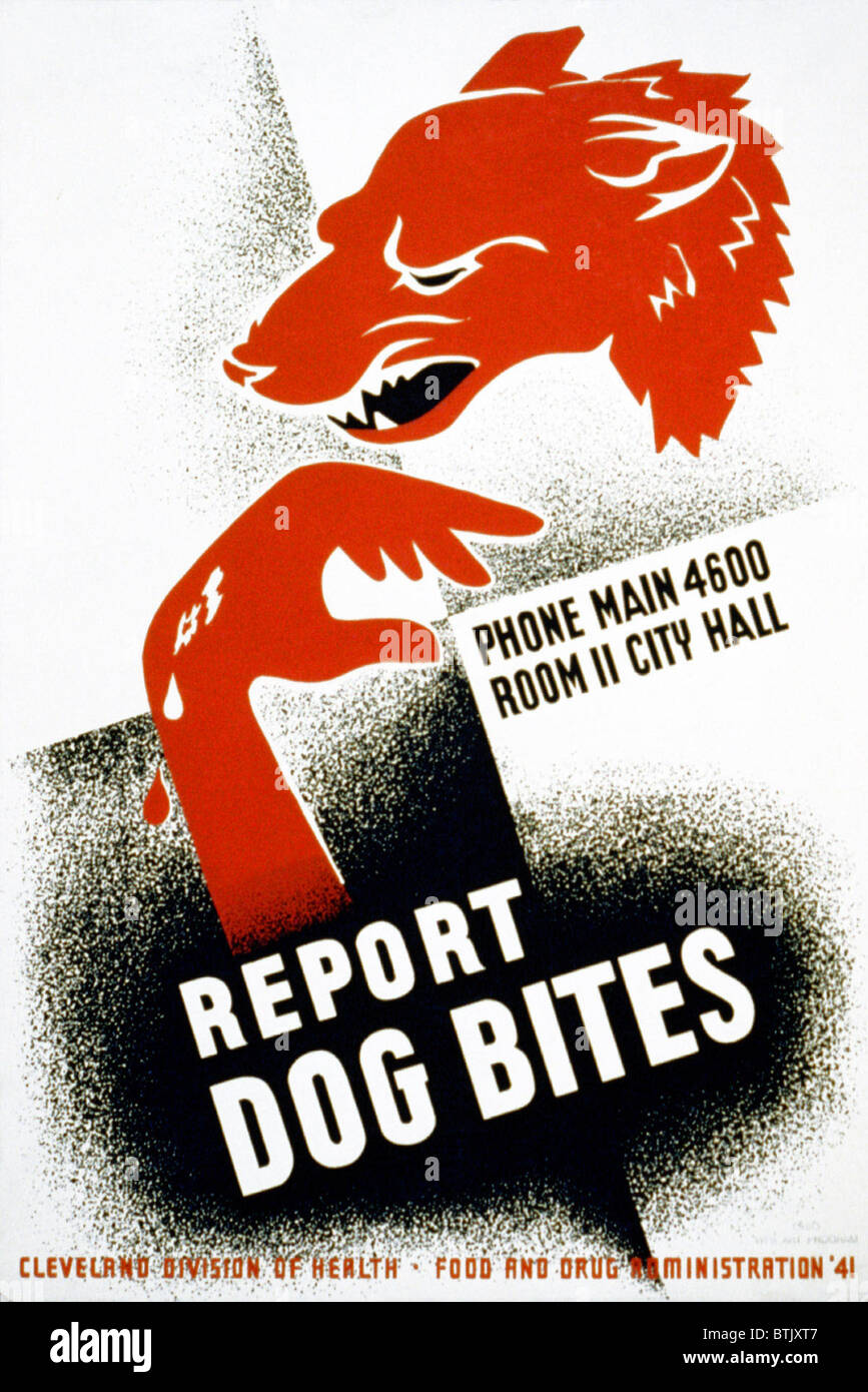 Poster for the Cleveland Division of Health encouraging dog bite victims to report dog bites to the proper authorities, showing Stock Photo