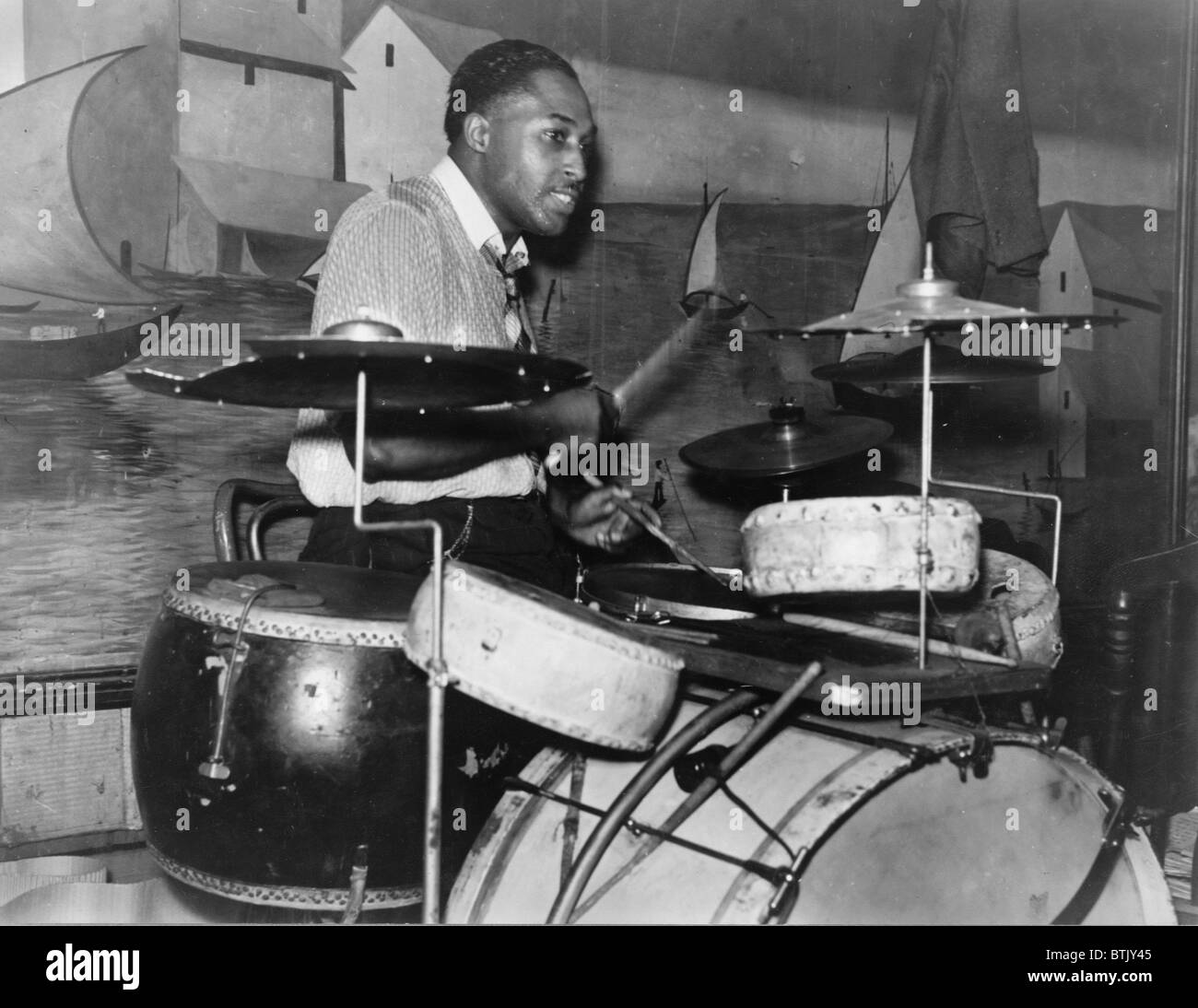African American drummer in orchestra in Memphis juke joint, Tennessee, photograph by Marion Post Wolcott, October, 1939. Stock Photo