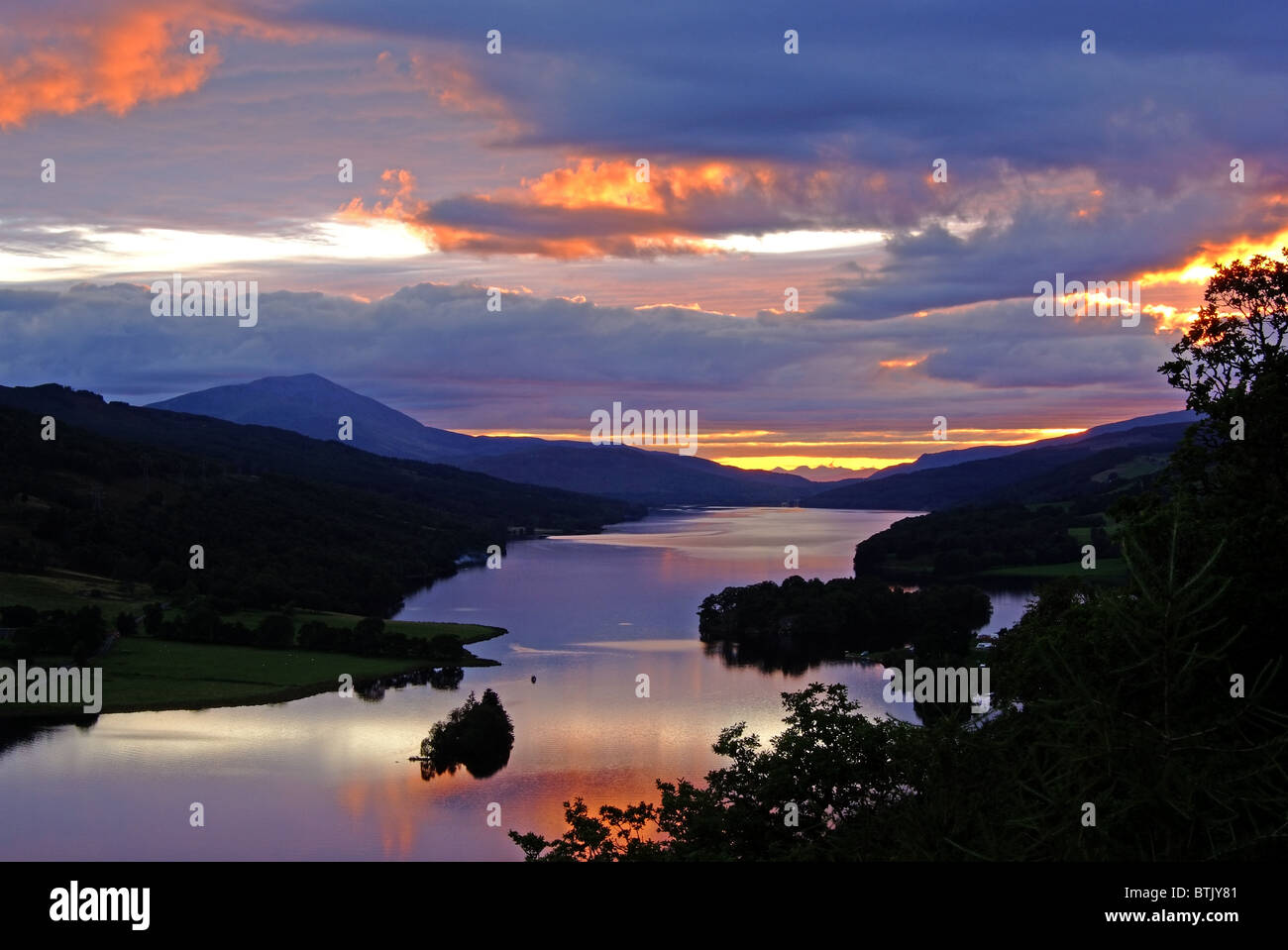 UK Scotland Tayside Perthshire Queens View Loch Tummel to the mountain of schiehallion at sunset Stock Photo