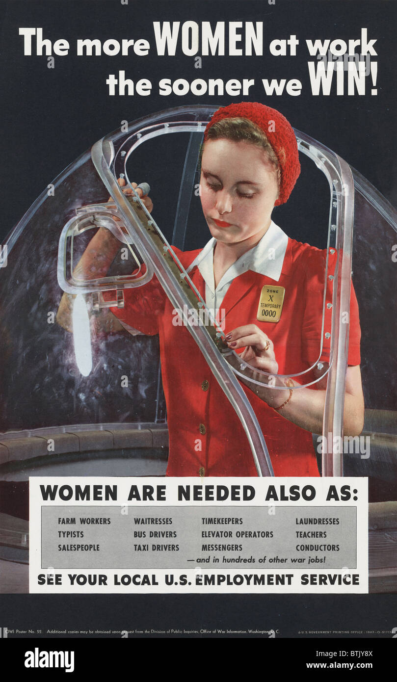 World War II, poster depicting a woman working in an airplane factory, reads: 'The more women at work the sooner we win!', photograph by Alfred T. Palmer, 1943. Stock Photo