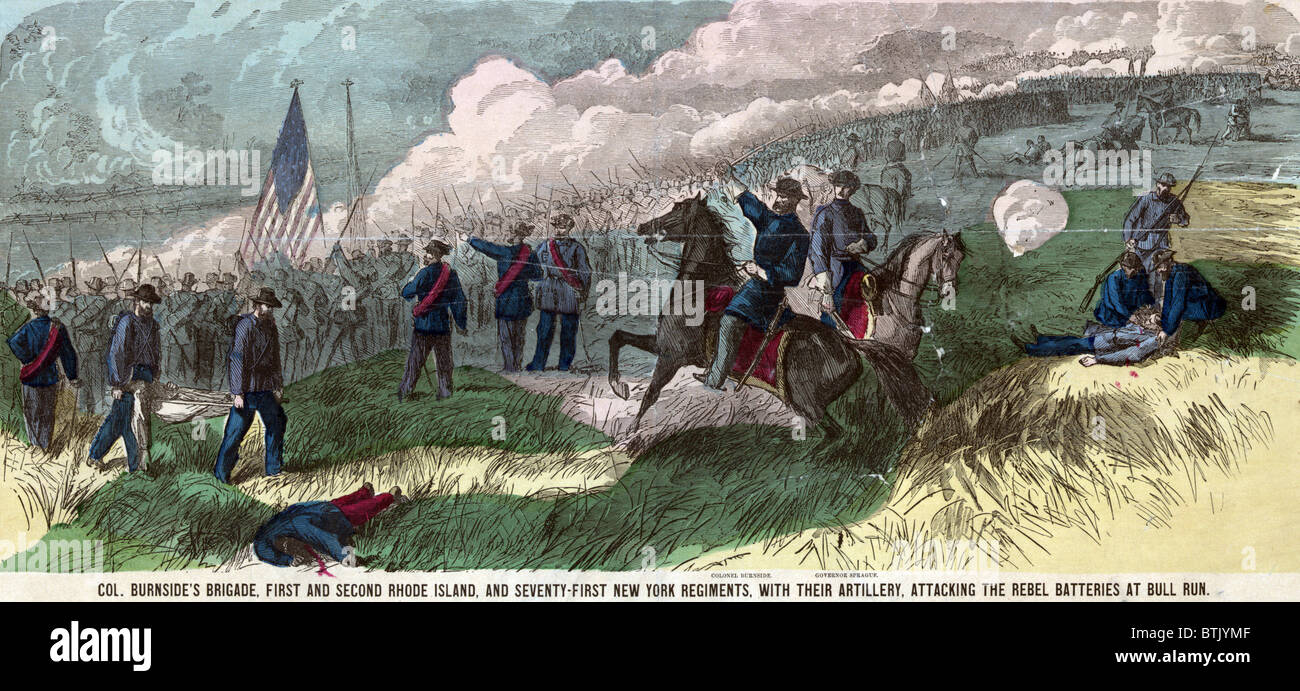 Civil War. Col. Burnside's brigade, First and Second Rhode Island, and Seventy-First New York Regiments, with their artillery, attacking the Rebel batteries at Bull Run. Handcolored lithograph, 1861 Stock Photo