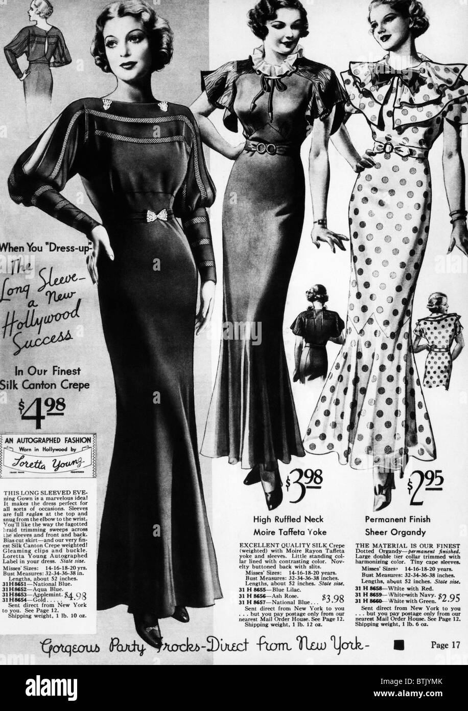 A page from a 1935 Sears Roebuck catalog offering an 'Autographed Fashion: Worn in Hollywood by Loretta Young' dress  for sale, Stock Photo