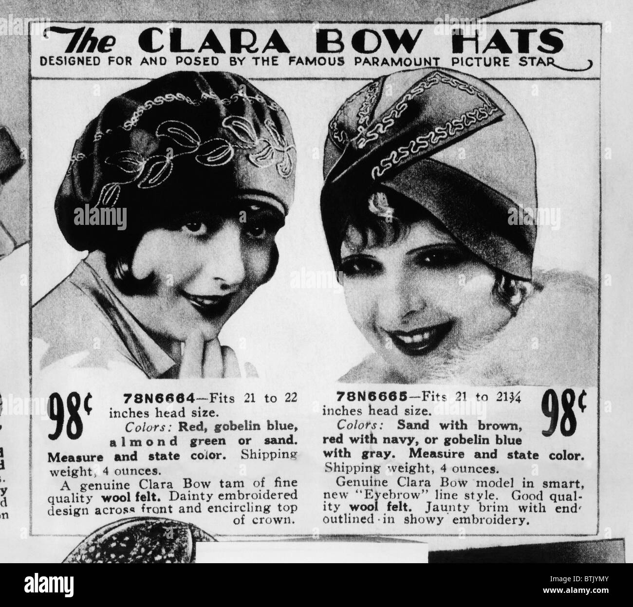 A page from a 1928 Sears Roebuck catalog offering 'Clara Bow Hats: Designed For and Posed By the Famous Paramount Picture Star', Stock Photo