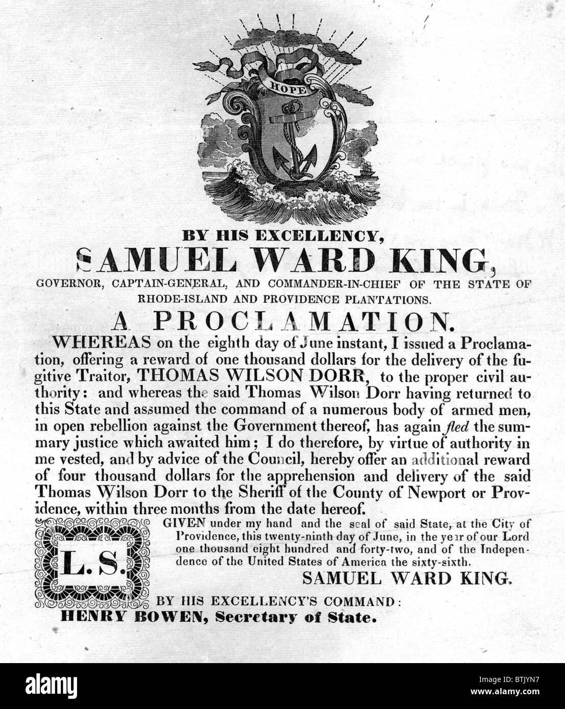 Thomas Wilson Dorr. A warrant for the arrest of Th. Dorr, entitled, By His Excellency, Governor Samuel Ward King, a proclamation. Whereas on the eighth day of June instant, I issued a proclamation, offering a reward of one thousand dollars for the delivery of the fugitive traitor Thomas Wilson Dorr. Broadside, 1842 Stock Photo