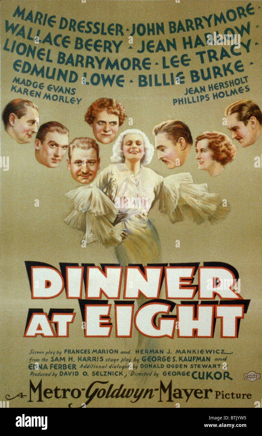Poster for the 1933 film, DINNER AT EIGHT starring Marie Dressler, John Barrymore, Jean Harlow, Wallace Beery, Lionel Barrymore, Lee Troey; Edmund Lawe, and Billie Burke. George S. Kaufman and Edna Ferber wrote the play on which the movie was based. Stock Photo