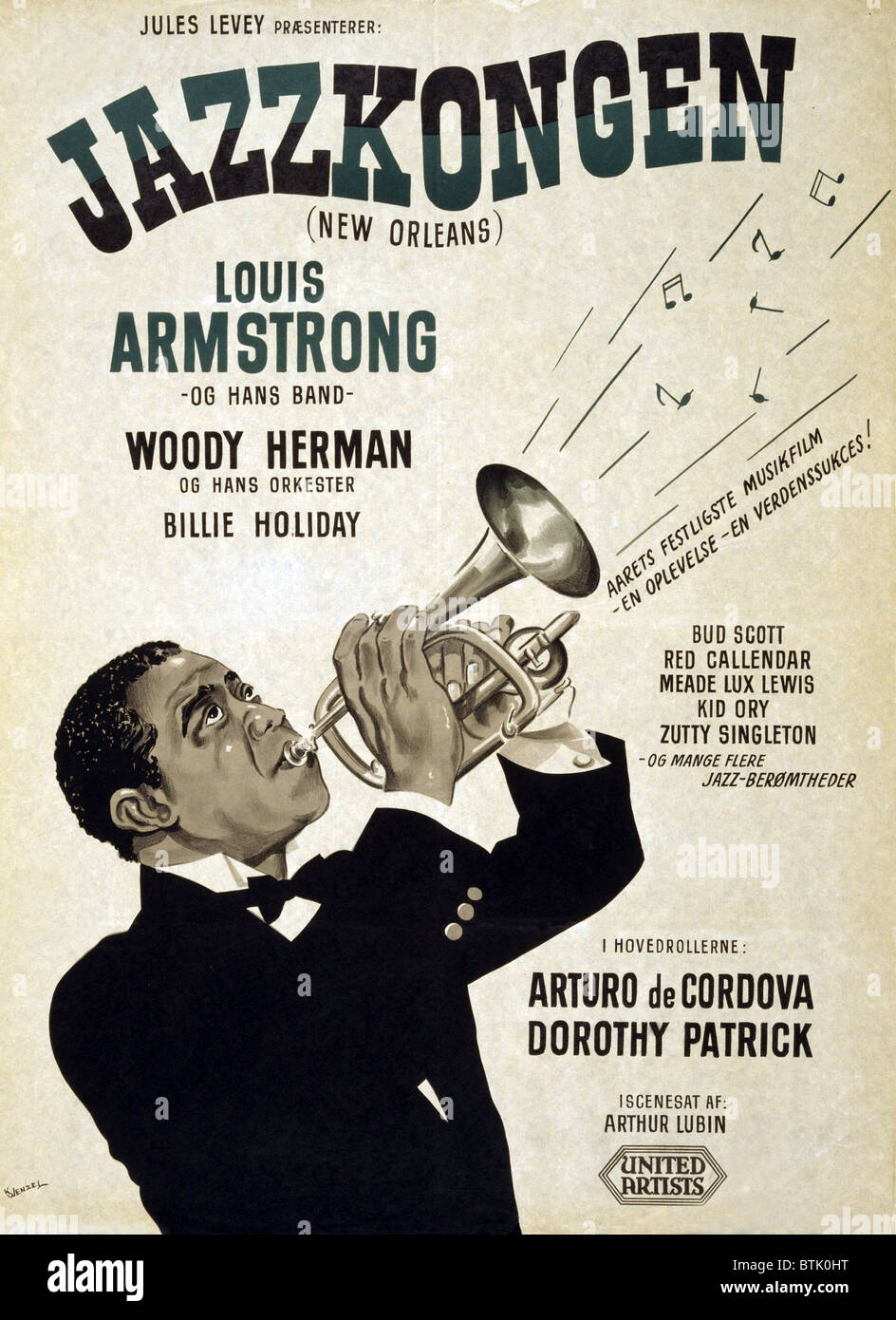 Motion picture poster for Swedish release of NEW ORLEANS (1947), showing star Louis Armstrong playing the trumpet. Bessie Smith and Woody Herman are also listed as cast members. Stock Photo