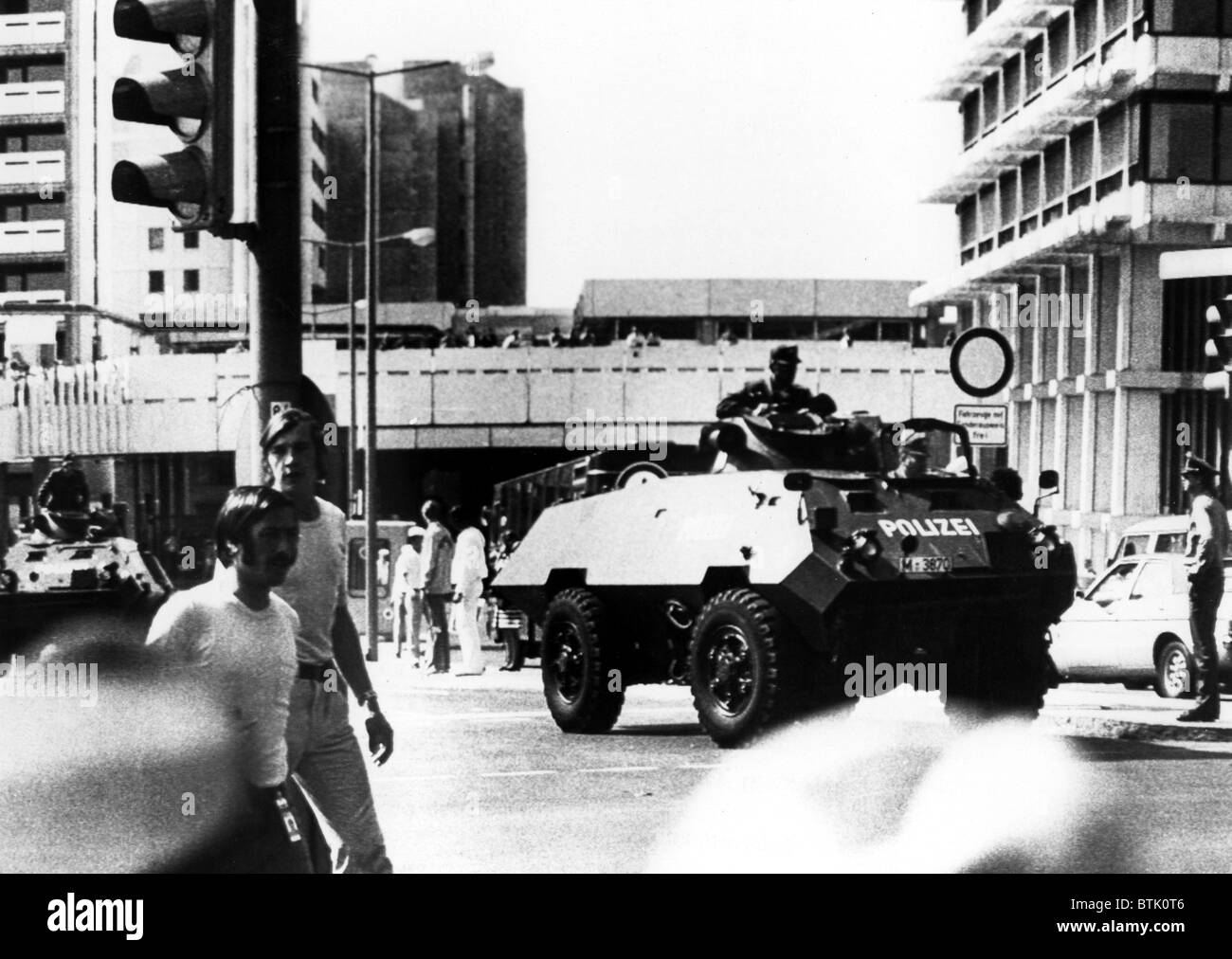 1972 Olympics, West German Police patrol Olympic Village in armored vehicles, Munich, Germany, 09-05-1972. Stock Photo