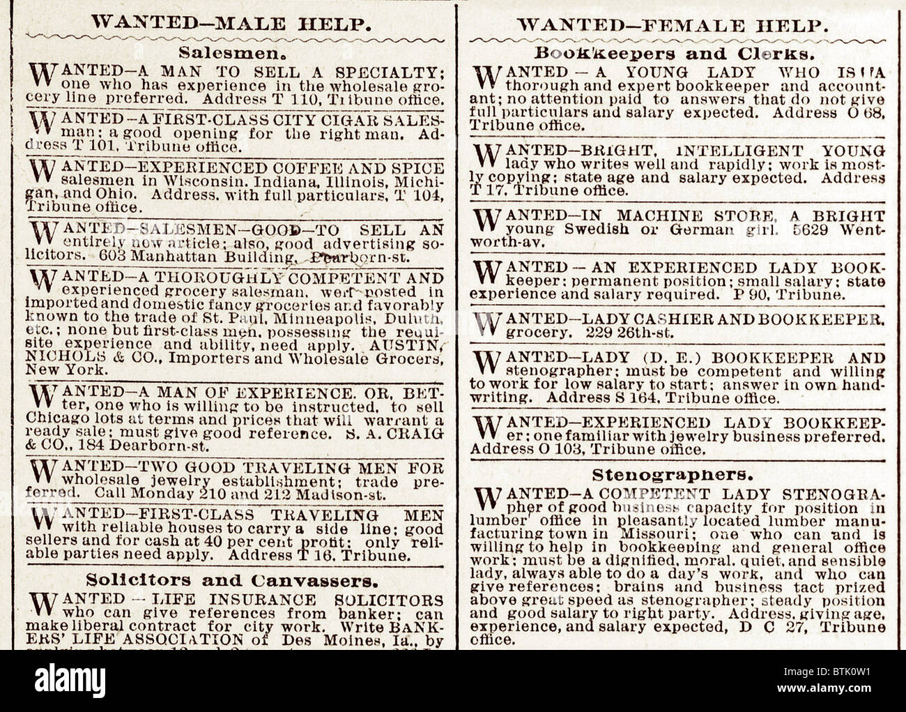 Help Wanted. Wanted--Male help; Wanted--Female help- Help wanted advertisments from the Chicago Tribune arranged in separate sections by gender. Jan 10, 1892 Stock Photo