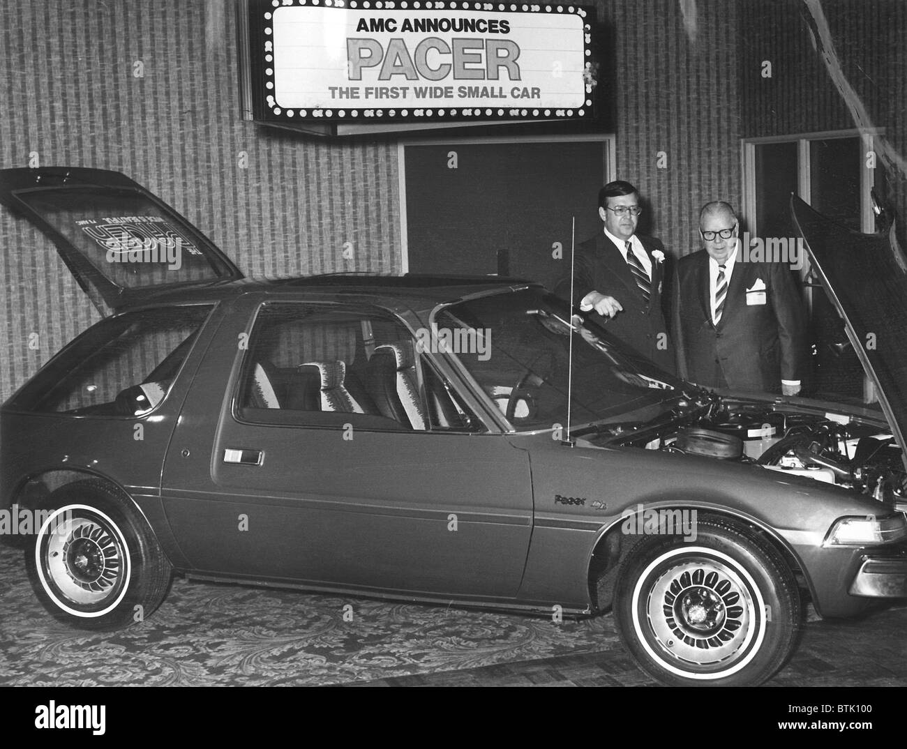 AMC introduces The Pacer, their first wide, small car. Vic Kray & Jack Rocks, managers at AMC in Cleveland, OH, are promoting th Stock Photo