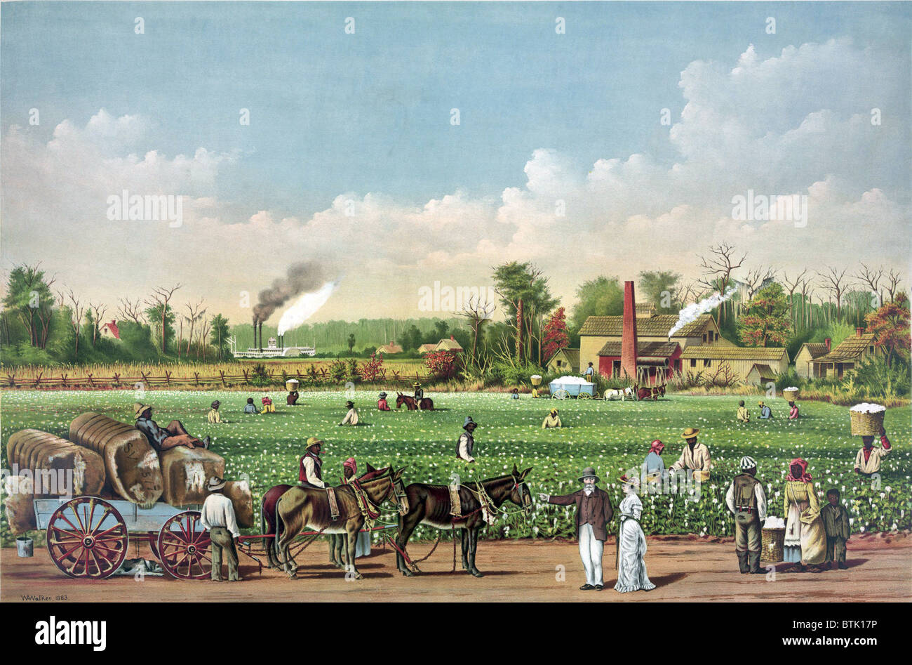 Idealized view of cotton plantation on the Mississippi River, with African American workers. Evocative of Southern antebellum era of pre-Civil War prosperity and slavery. Color lithograph, 1884 Stock Photo