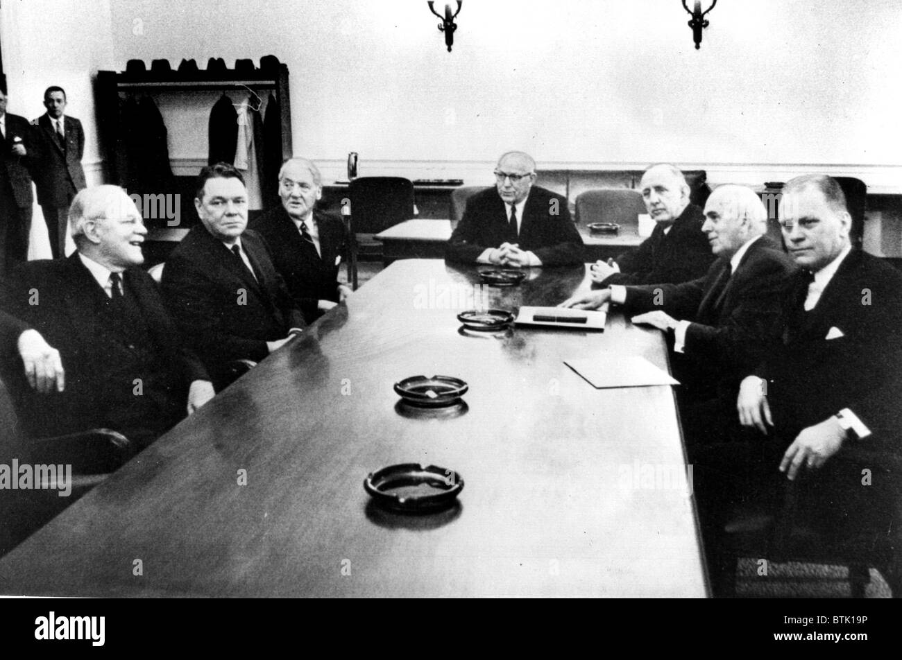 The Warren Commision: Allen W. Dulles, Hale Boggs, John Sherman Cooper, Earl Warren,  Richard B. Russell, John J. McCloy, Gerald Stock Photo