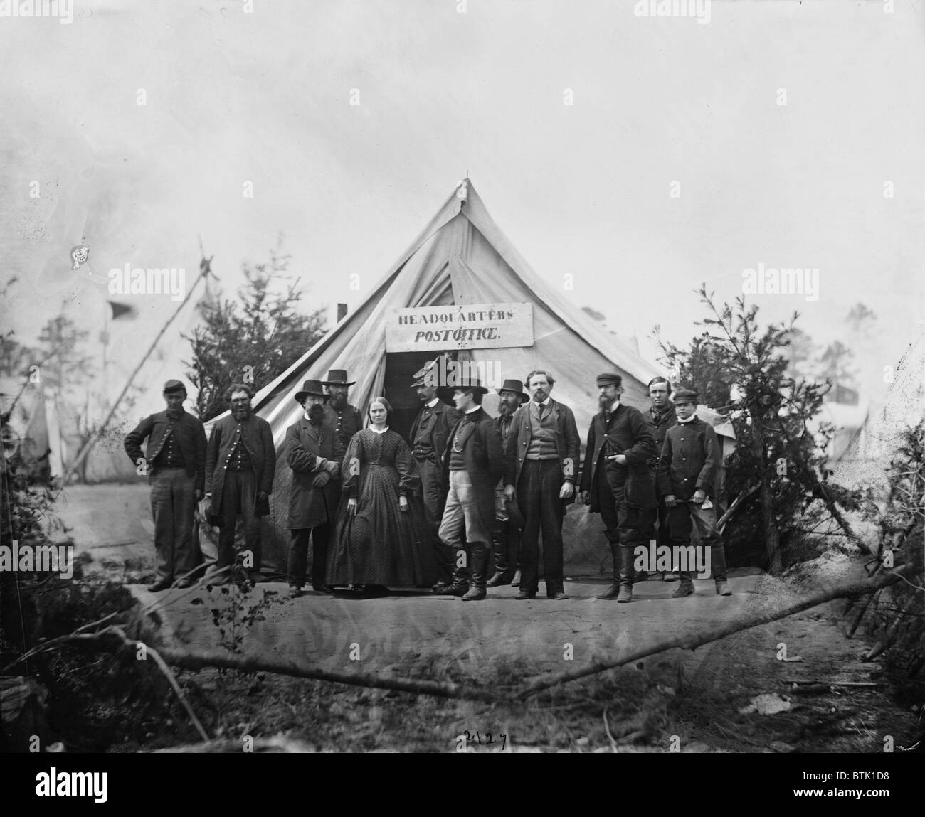 The Civil War, group in front of post office tent at Army of the Potomac headquarters, Falmouth, Virginia, photograph by Timothy H. O'Sullivan, April, 1863. Stock Photo