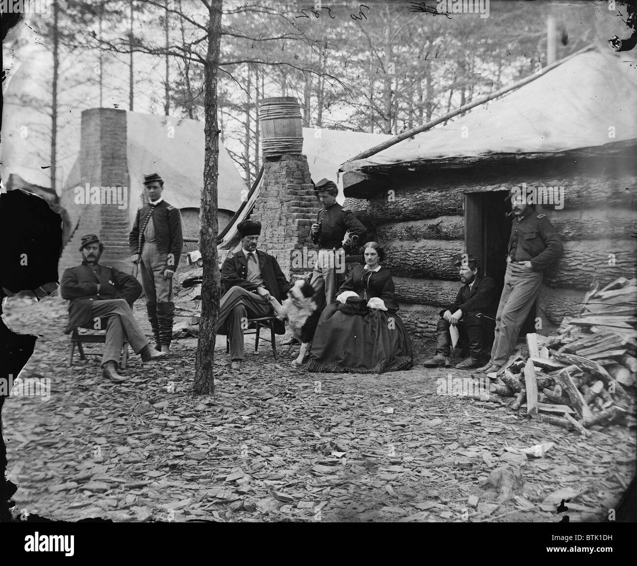 The Civil War, officers and a lady at headquarters of 1st Brigade, Horse Artillery, Brandy Station, Virginia, photograph, February, 1864. Stock Photo