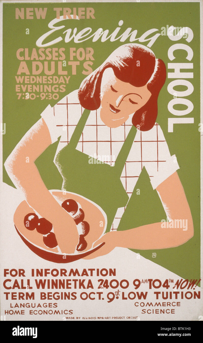 School, poster showing a woman wearing an apron with her hand in a bowl of food, reads: 'New Trier evening school Classes for adults, Wednesday evenings 7:30 - 9:30', print from the Federal Art Project, 1941. Stock Photo