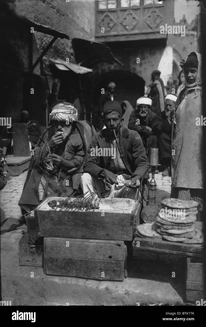 Jerusalem, meatball vendor, photograph by American Colony Photo Department, 1900-1920 Stock Photo