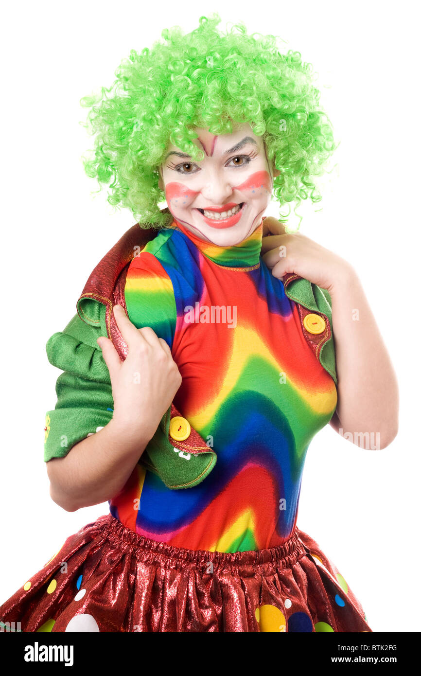 Portrait of cheerful female clown. Isolated on white Stock Photo - Alamy