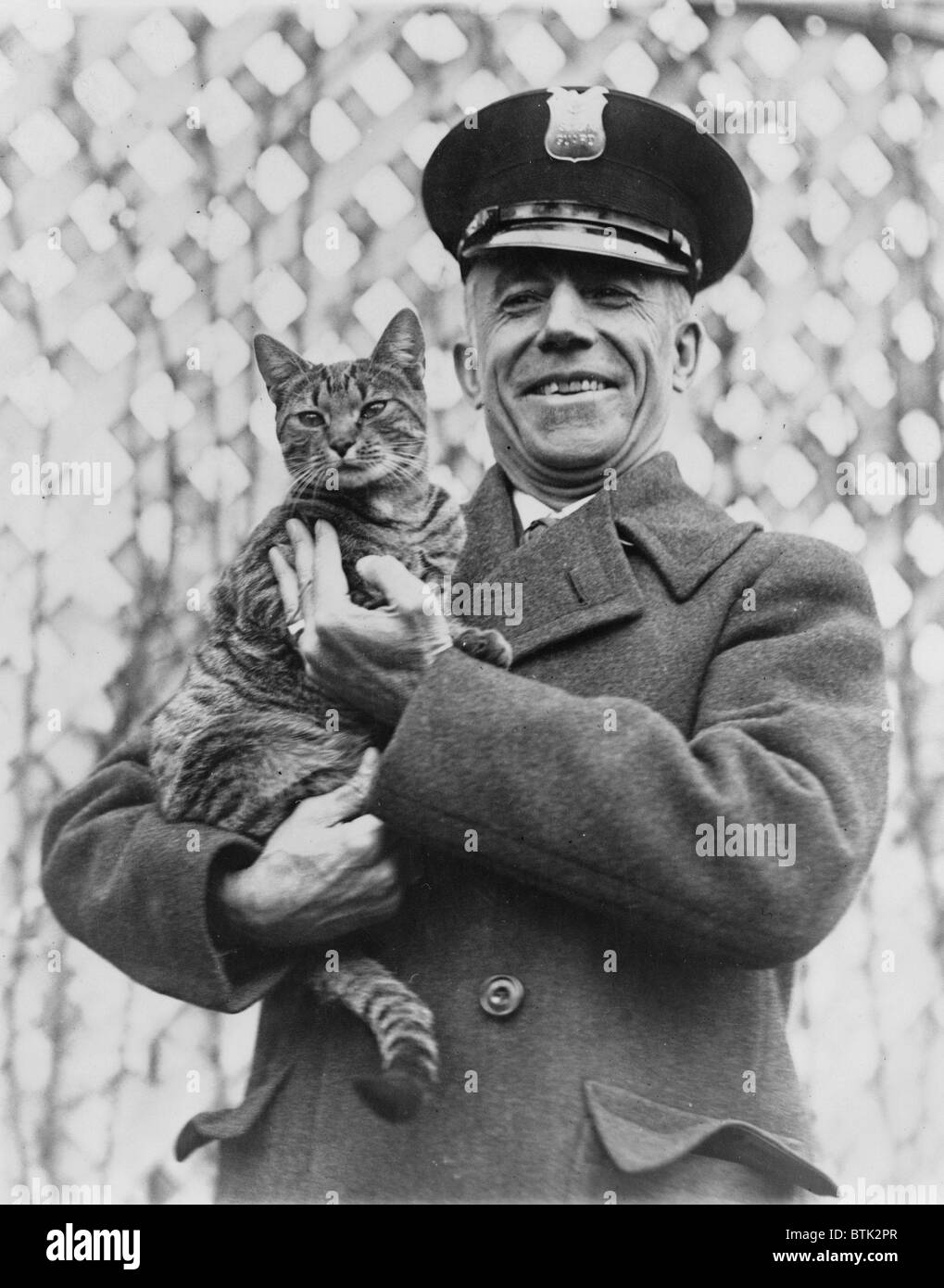 Tige, the White House cat and pet of First Lady Grace Coolidge has been returned, Benjamin Fink, guard at the Navy Department found Tige promenading around the Navy Building and immediately returned him to the White House, Tige's disappearance was broadcasted by Washington DC, radio stations, photograph, circa March 25, 1924 Stock Photo