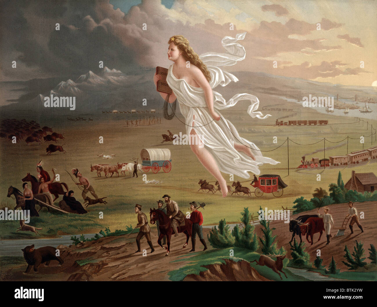 Westward ho! Allegorical female figure of Columbia leading pioneers and railroads westward while stringing telegraph wire across the plains. Chromolithograph after a painting by George A. Crofutt, 1873 Stock Photo