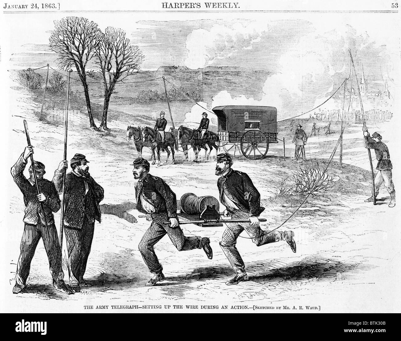 The Civil War. The Army telegraph - setting up the wire during the battle of Fredericksburg, Va. Woodcut by Alfred Waud, Dec. 1862 Stock Photo