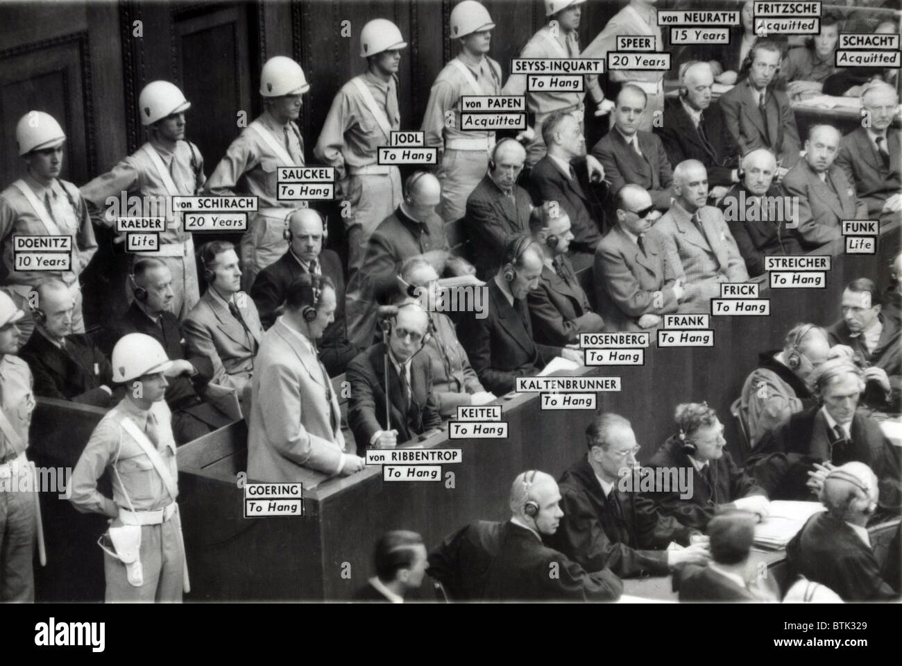 Nazi World War II leaders in the prisoners' box at the war crimes trial at Nuremberg, Germany. Labels show the sentence imposed by the international tribunal for each defendant. Stock Photo