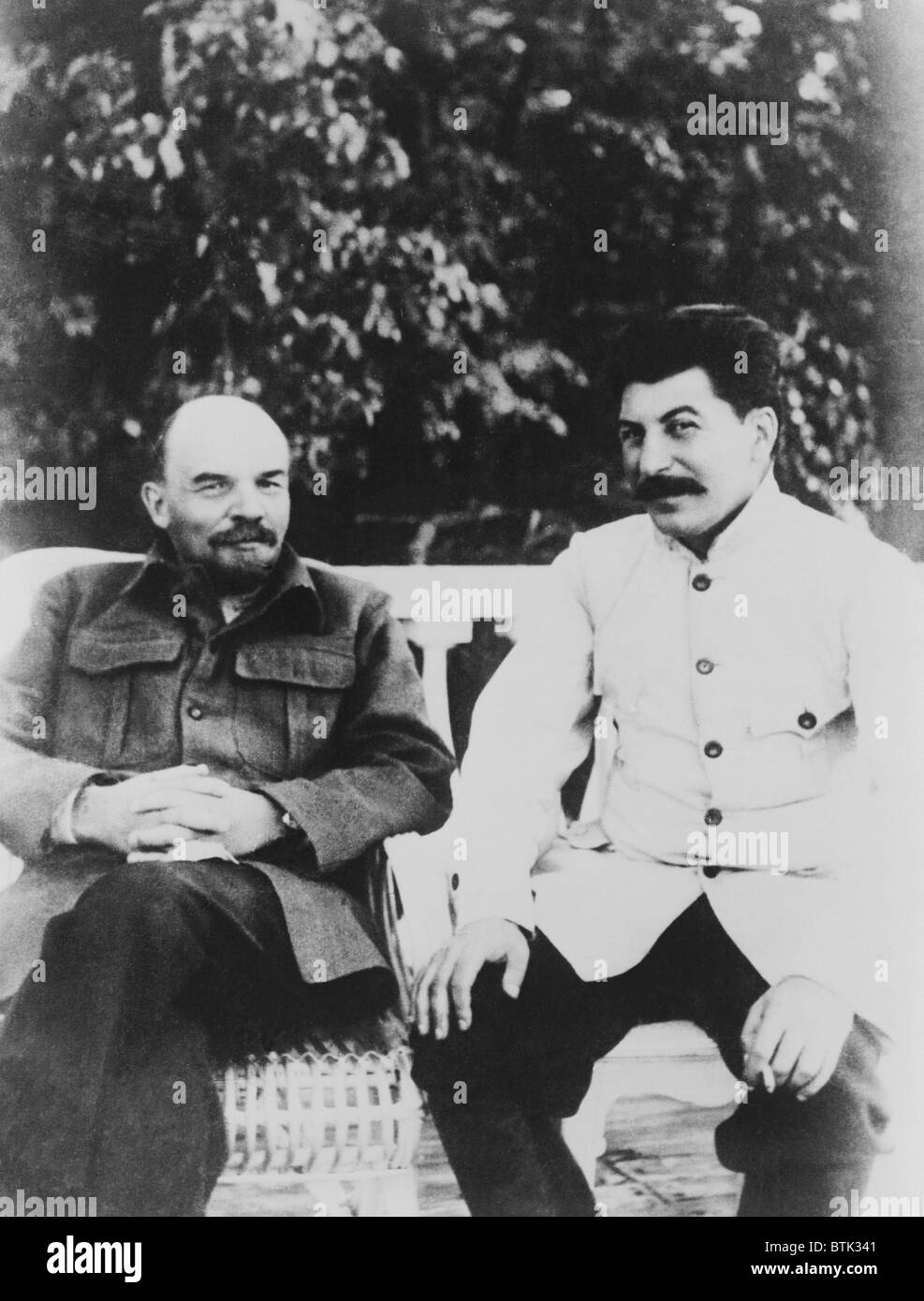 Joseph Stalin (1879-1953) and Vladimir Ilyich Lenin (1870-1924). Lenin was succeeded by Stalin, who consolidated dictatorial powers after Lenin's death. Stock Photo
