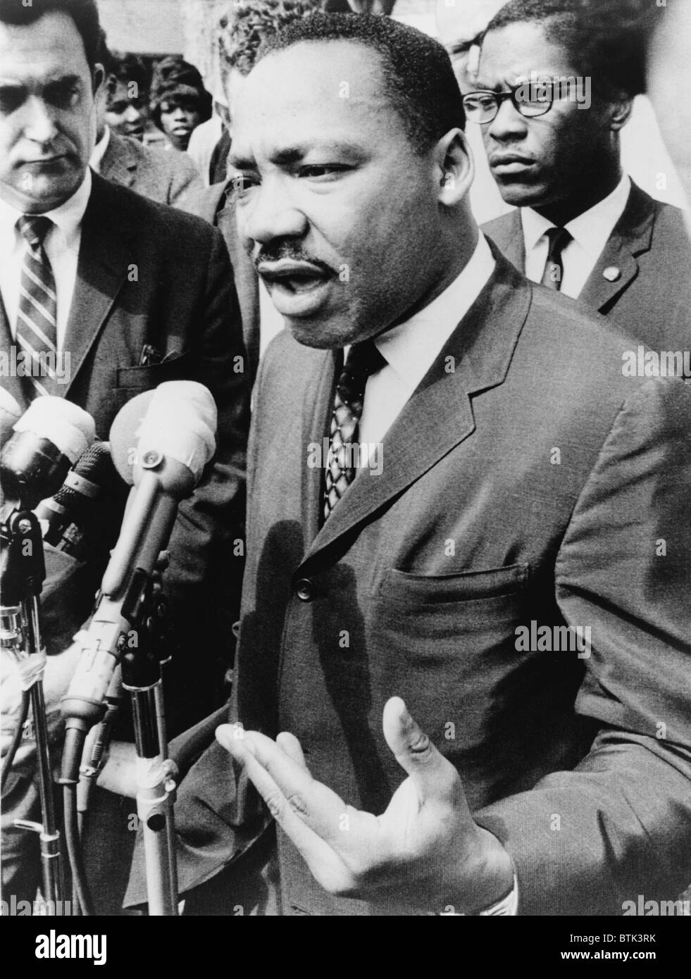 Martin Luther King, Jr. (1929-1968), speaking at an informal news conference in Selma, Alabama, 1965. Stock Photo