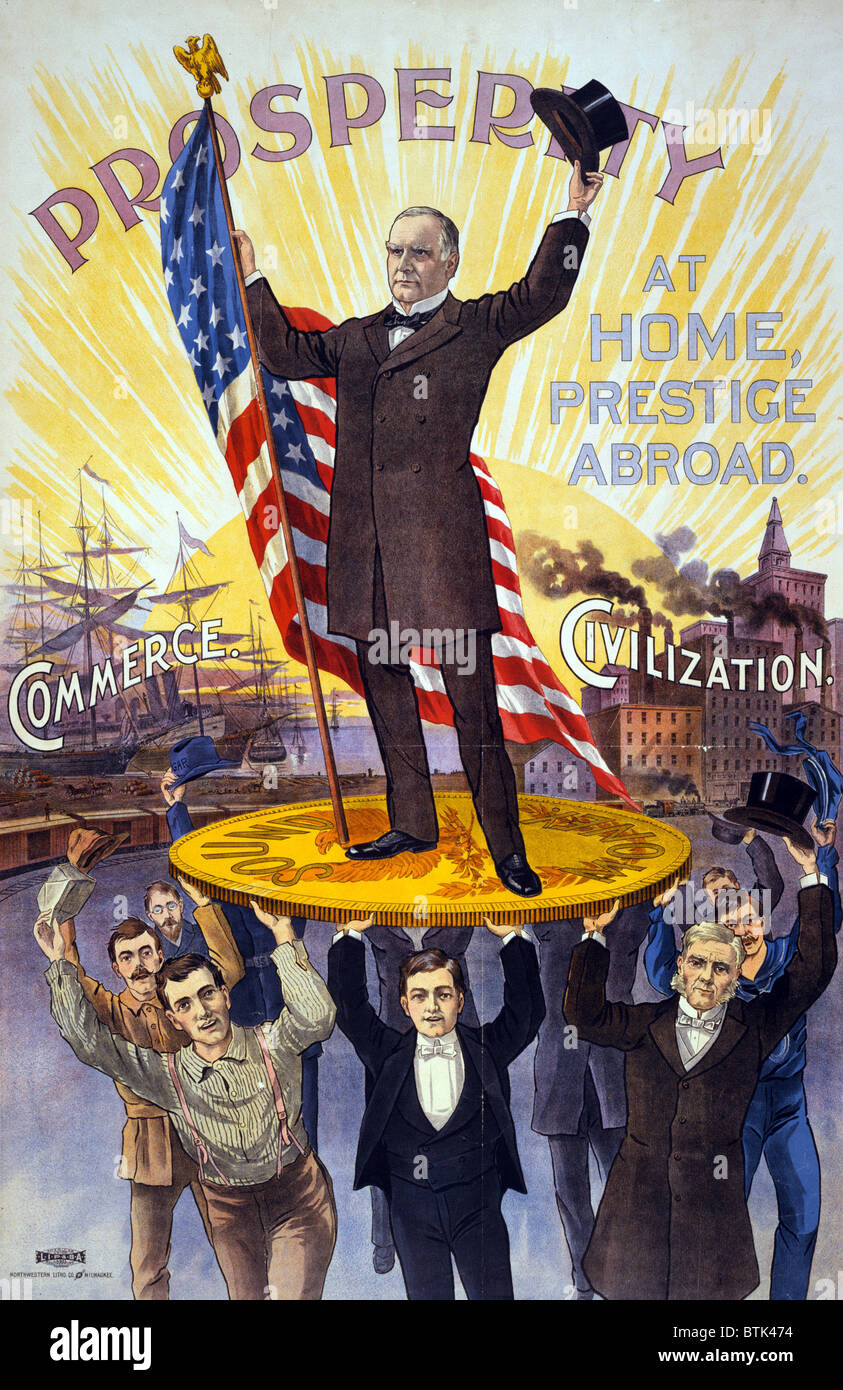 Campaign poster showing William McKinley holding U.S. flag and standing on gold coin. Stock Photo