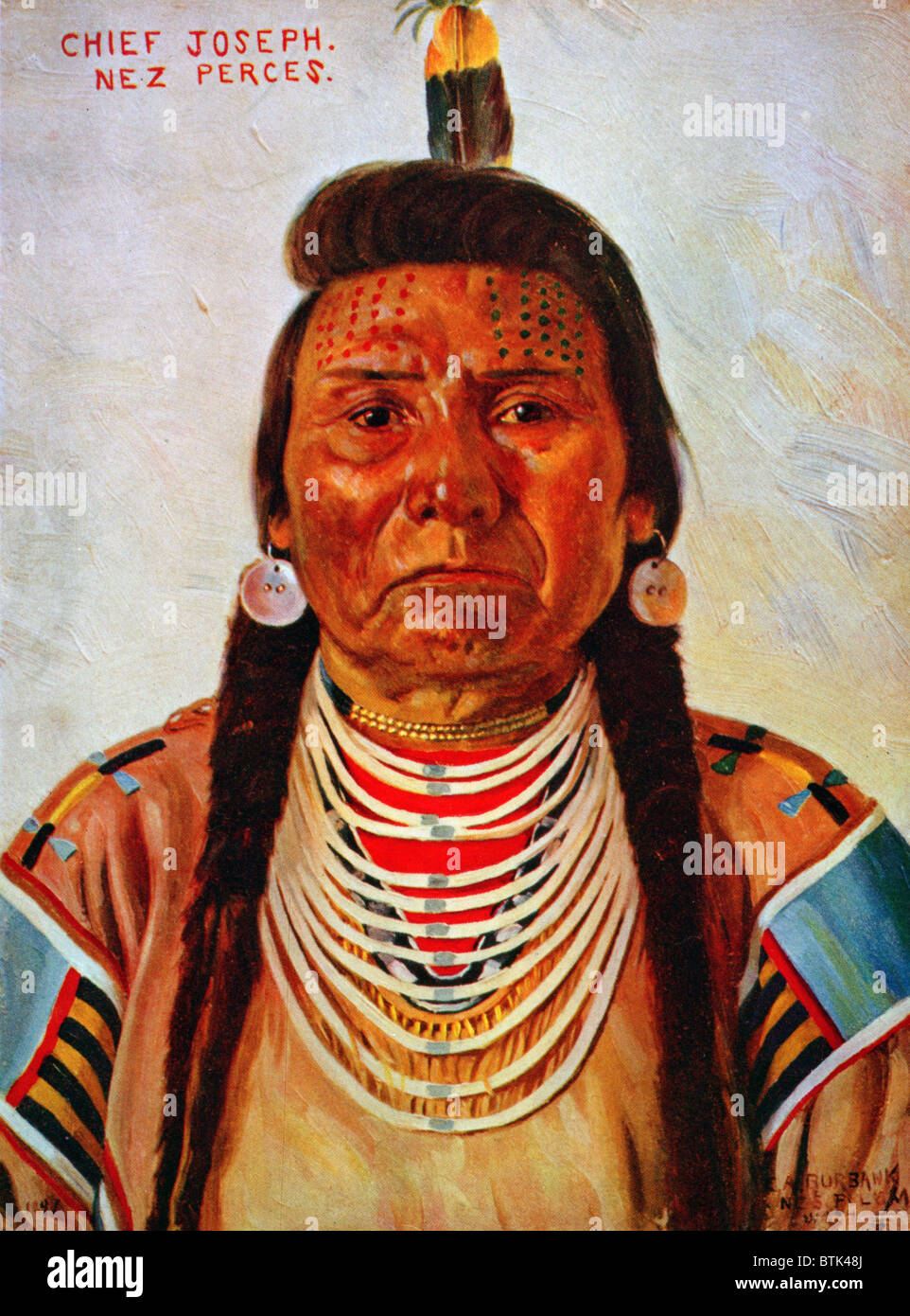 Chief Joseph, Nez Percé chief, head-and-shoulders portrait, facing front] / E.A. Burbank, Nespelem, Wash, color halftone ca. 1897 Stock Photo