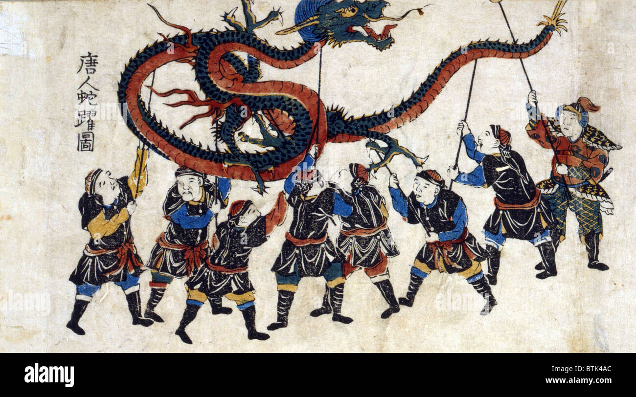 Japanese print shows eight Chinese men holding up a dragon with sticks ...