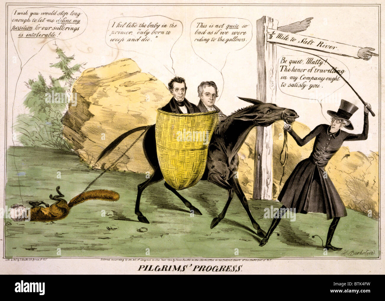 'Pilgrims' progress', showing ex-President Andrew Jackson leading the Democratic Party Donkey which carries James K. Polk and George Dallas to political disaster in the election of 1844. Watercolored engraving, 1844. Stock Photo