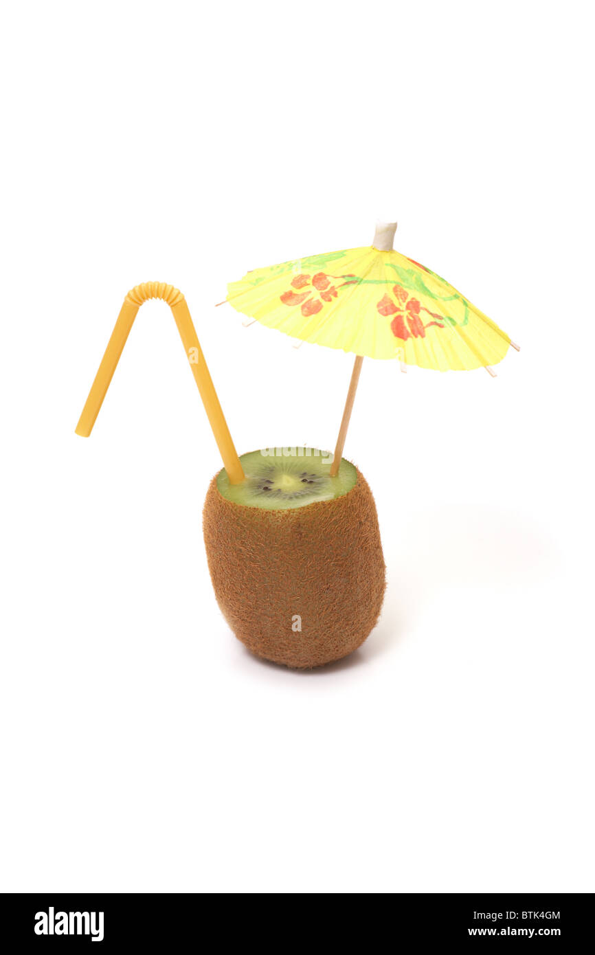 kiwi with umbrella and straw Stock Photo