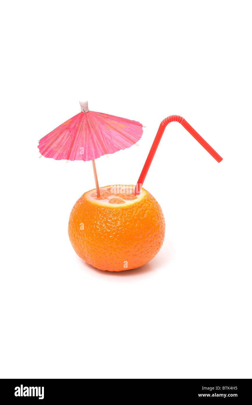 mandarin with umbrella and straw Stock Photo