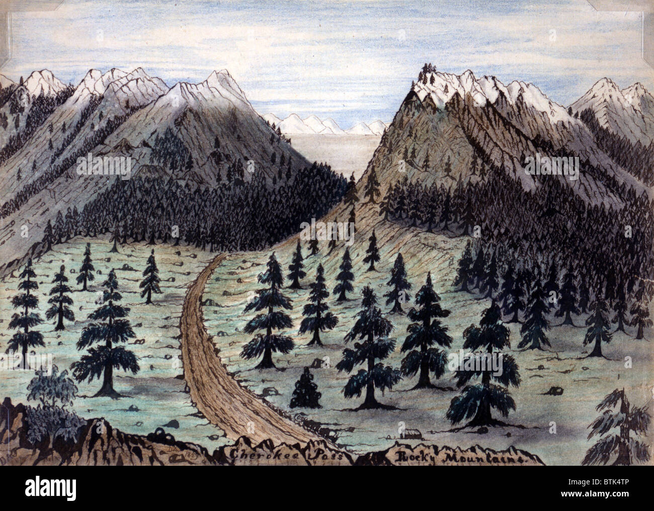 The Oregon Trail. Cherokee Pass, Rocky Mountains. Daniel Jenks, color drawing, 1859 Stock Photo