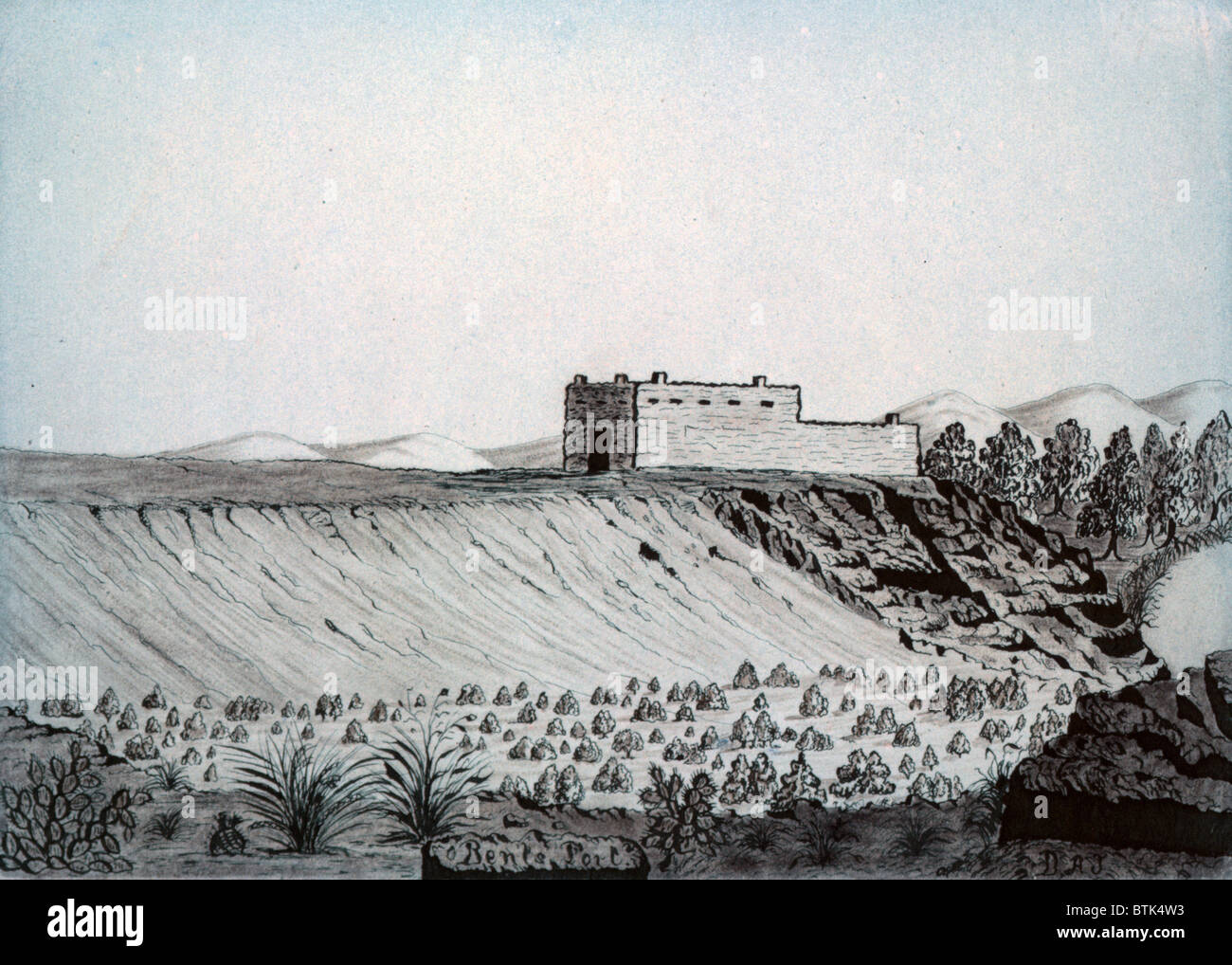The Santa Fe Trail.  Bent's Fort, Daniel Jenks, color drawing, 1859 Stock Photo