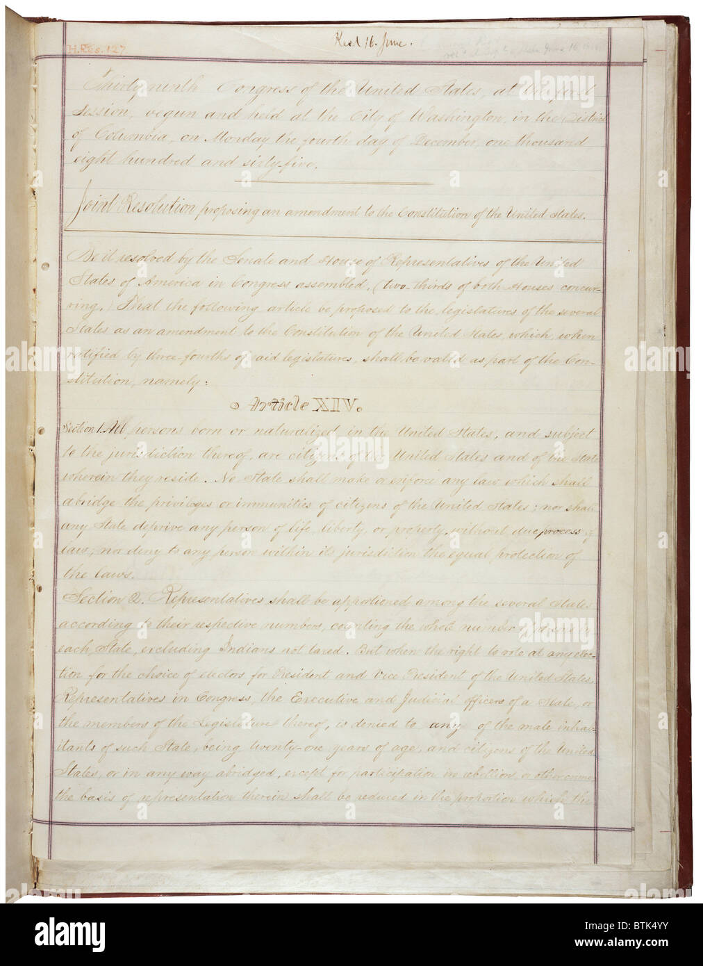 14th Amendment to the U.S. Constitution: Civil Rights (1868)Passed by Congress June 13, 1866, and ratified July 9, 1868, the 14th amendment extended liberties and rights granted by the Bill of Rights to former slaves. Stock Photo