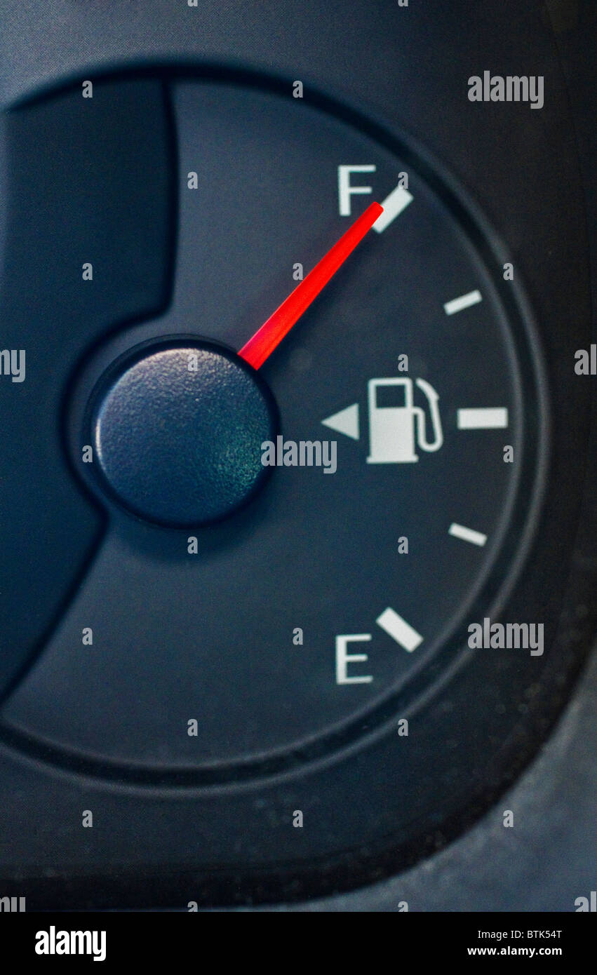 Gas gauge on an automobile dashboard reading full Stock Photo