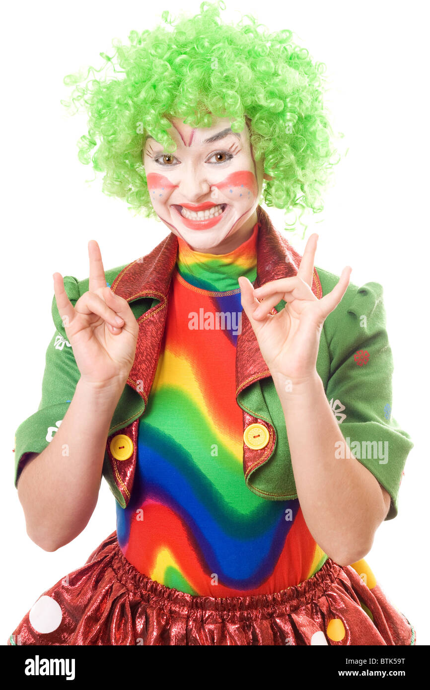 Happy female clown. Isolated on white background Stock Photo - Alamy