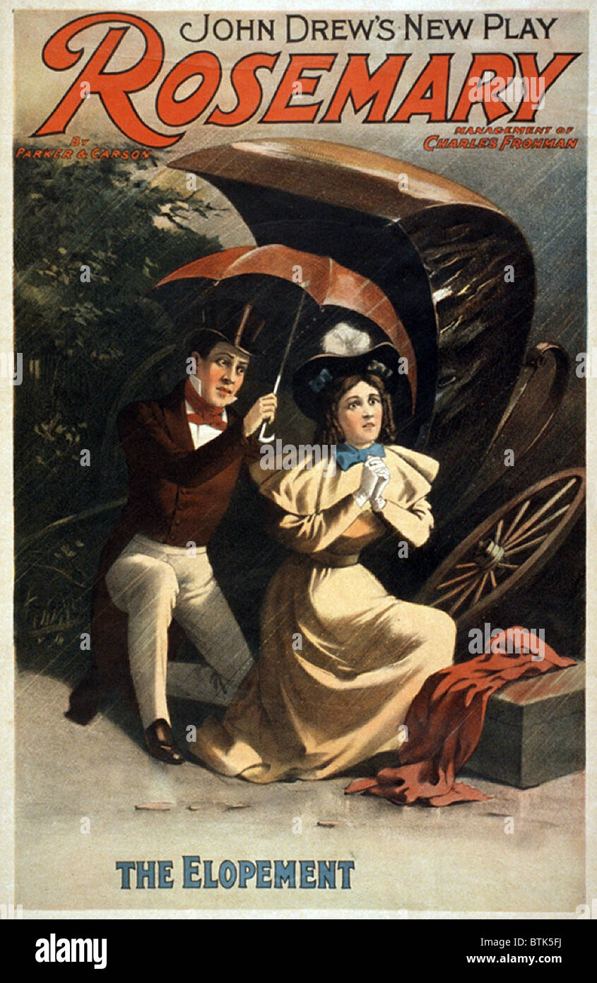 Poster featuring the elopement scene from Charles Froman's 1896 play, ROSEMARY, starring John Drew, Louis Napoleon Parker, and Murray Carson. Color lithograph, 1896 Stock Photo
