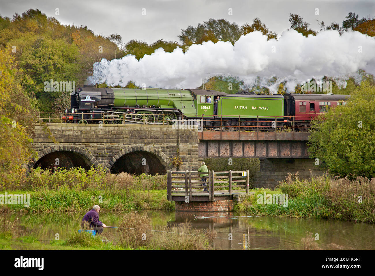 Tornado steam loco at Burrs Park viaduct on the ELR East Lancs Railway steam week October 2010. Lancashire Stock Photo