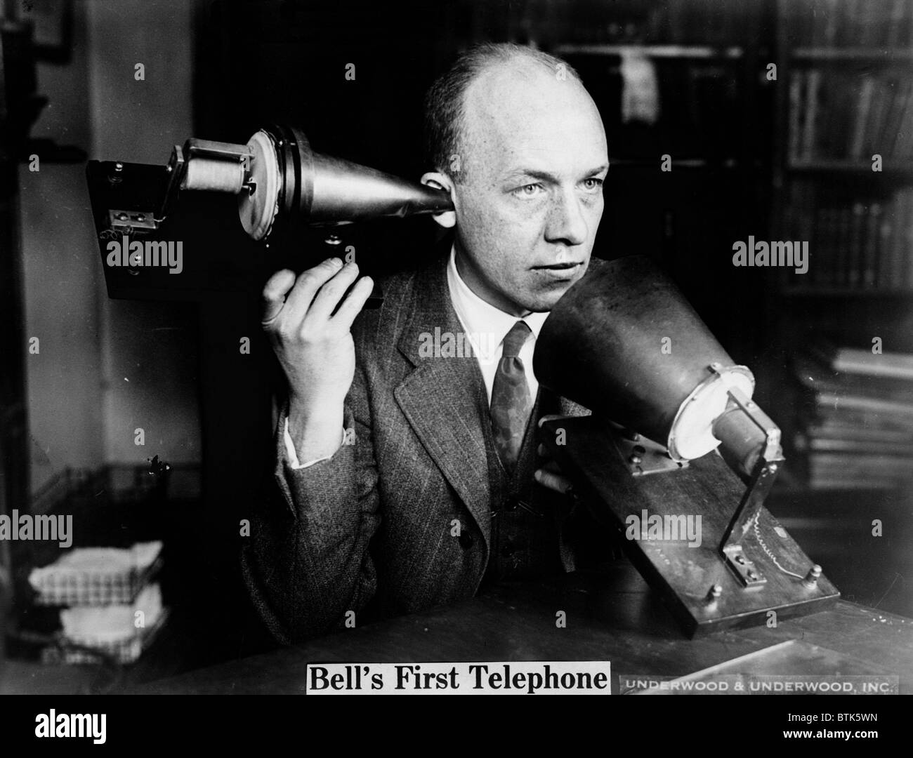 Bell's first telephone. Publicity photo ca. 1915-1925 Stock Photo