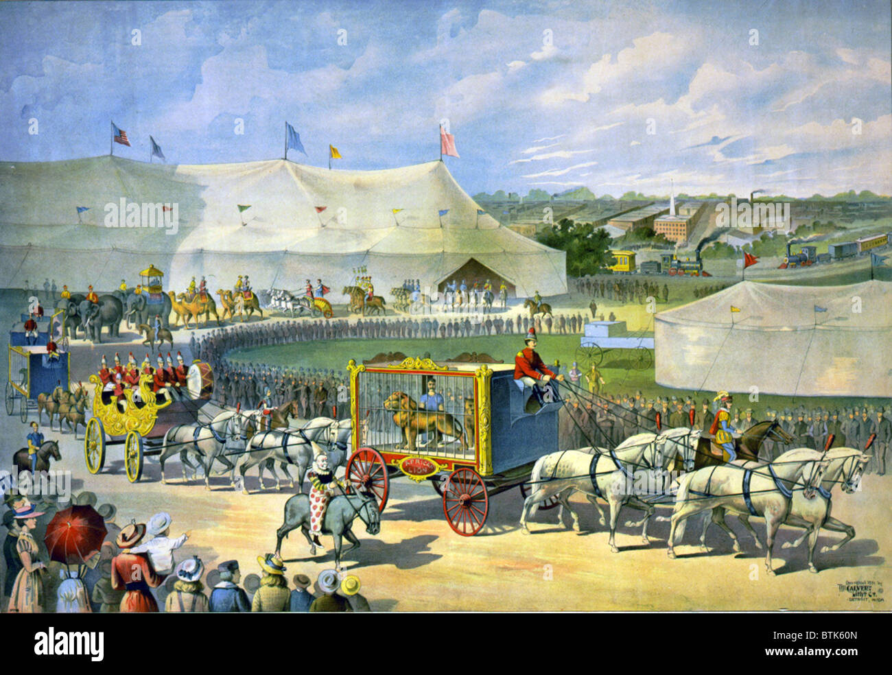 Poster of American circus parade with a caged lion, clowns, elephants, Roman chariots, and camels, with circus tent dominating the background. 1890. Stock Photo