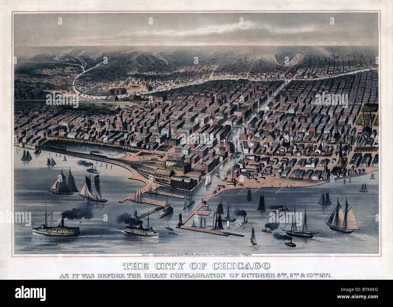 Chicago. The City of Chicago as it was before the great conflagration of October 8th, 9th, & 10th, 1871. color lithograph 1872. Stock Photo