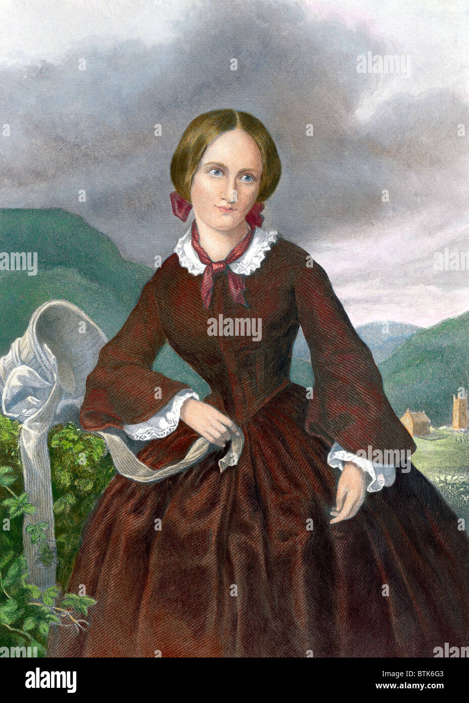 Charlotte Bronte (1816-1855) English novelist best known for JANE ERYE (1847). 19th century engraving by William Jackman with modern color. Photo: Barbara Cushing/Everett Collection Stock Photo
