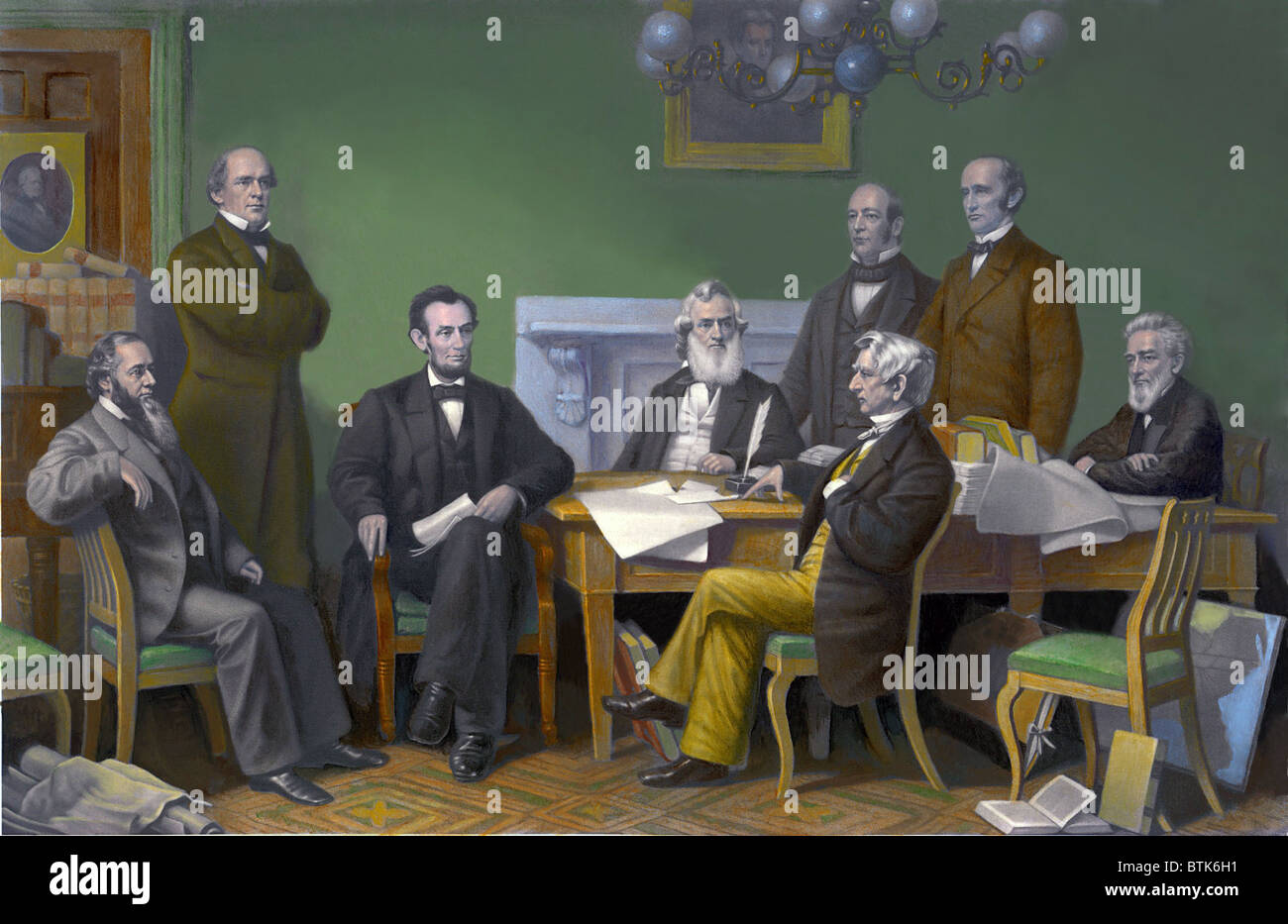 The first reading of the Emancipation Proclamation before the cabinet, July 22, 1862. Left to right: Edwin Stanton, Salmon Chase, Lincoln, Gideon Wells, Caleb Smith, William Seward, Montgomery Blair, Edward Bates. A.H engraving with modern color. Stock Photo