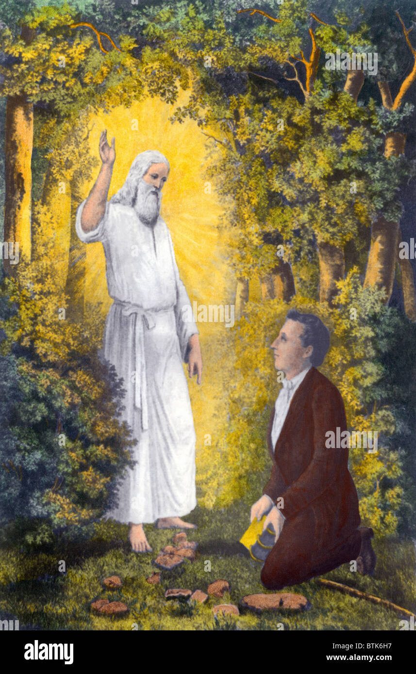 The angel Moroni delivering the plates of the Book of Mormon to Joseph Smith.  Moroni told Smith of the book in 1823, but Smith Stock Photo