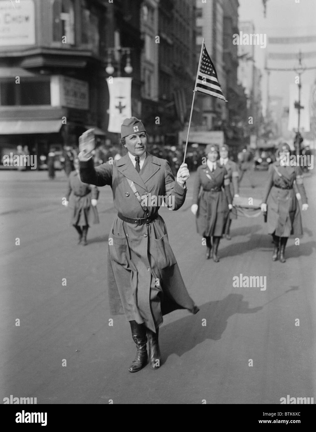 Daisy Harriman (1870-1967), parading in New York, wearing a Red Cross uniform. During the World War I, she organized the American Red Cross Women's Motor Corps and directed them in France. Ca. 1917-18. Stock Photo